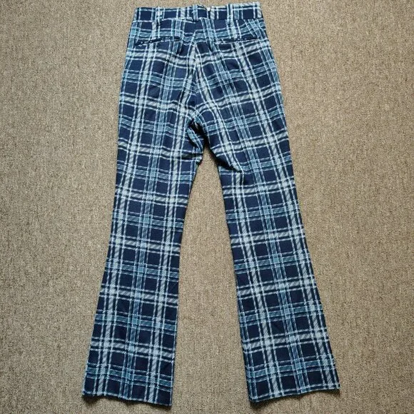 VINTAGE PLAID PANTS Men 31x32 Blue Polyester Flare Leg Slacks Retro Disco Style - Picture 3 of 8